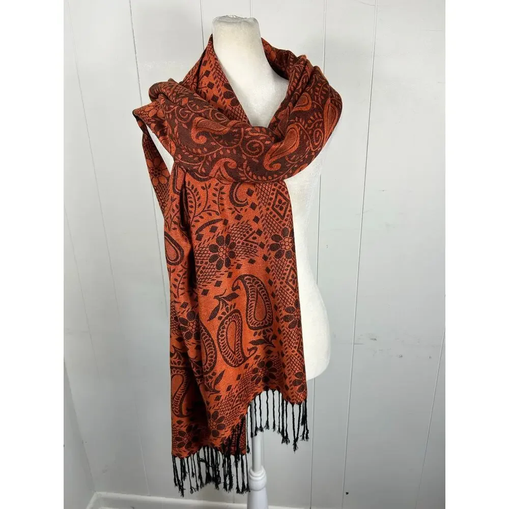 100% Cashmere Paisley Scarf with Fringe in Rust Orange and Brown. 30